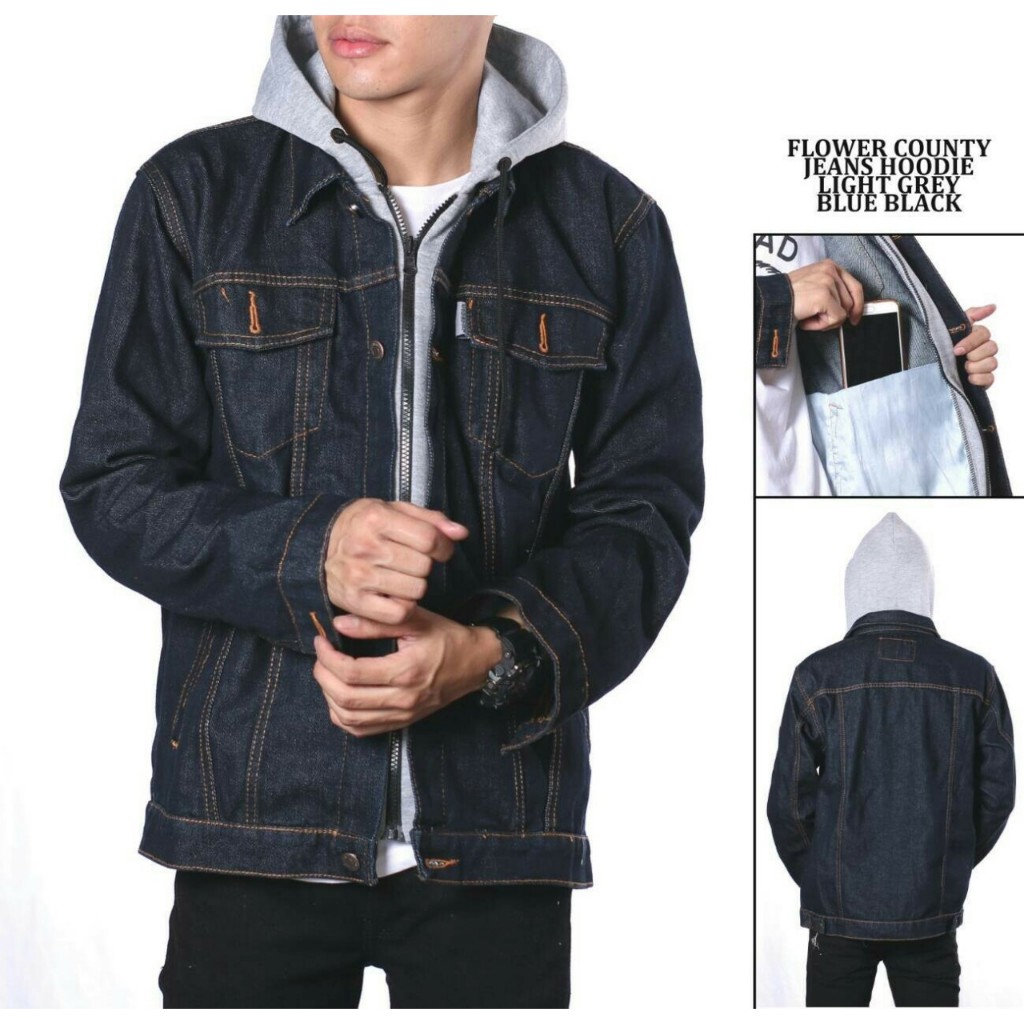 Jaket Jeans Topi Hoodie Double Sleting Pria Denim Terbaru Flower Aril Dan Aliando