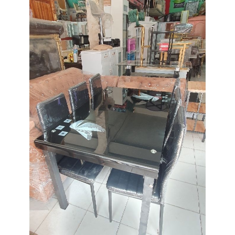 kursi makan 6k kaca/meja makan kaca kaki besi 6k