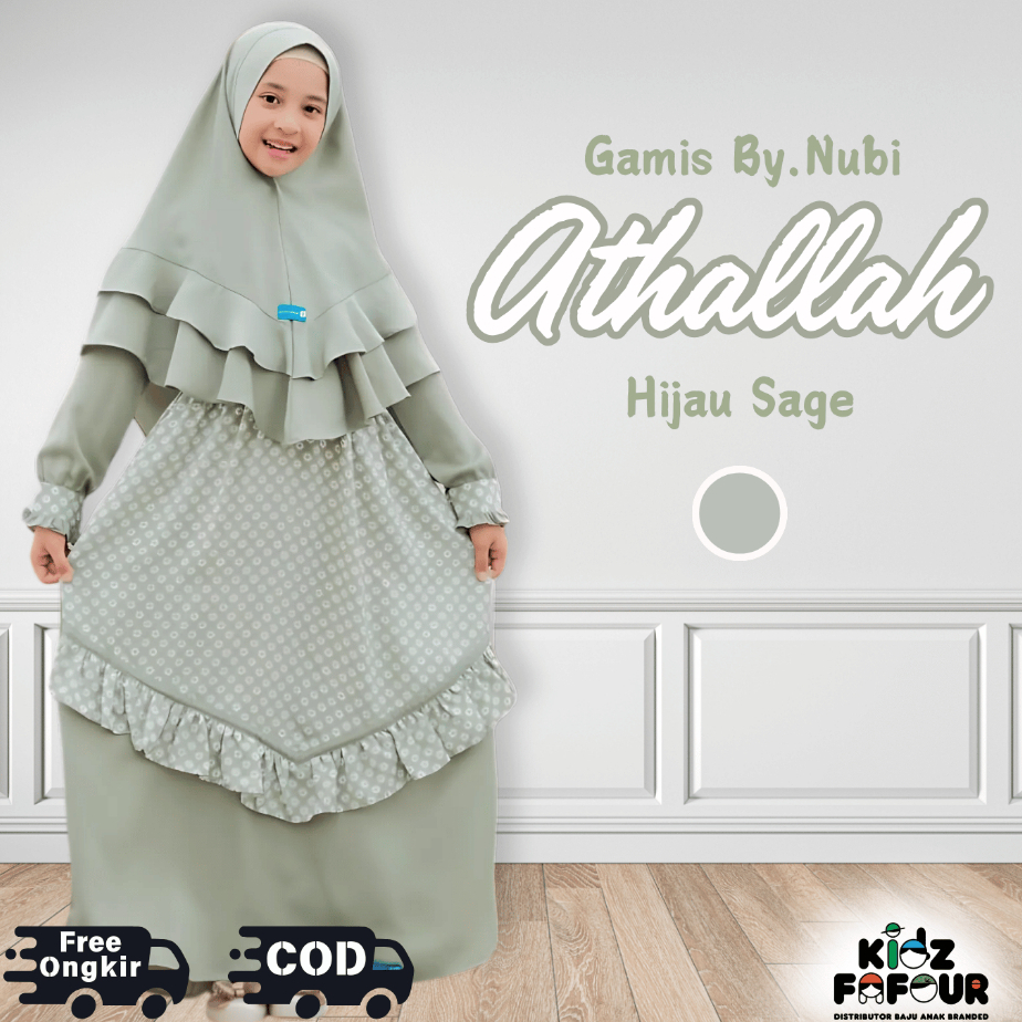 GAMIS ATHALLAH HIJAU SAGE BAJU MUSLIM ANAK REMAJA PEREMPUAN ORI NUBI