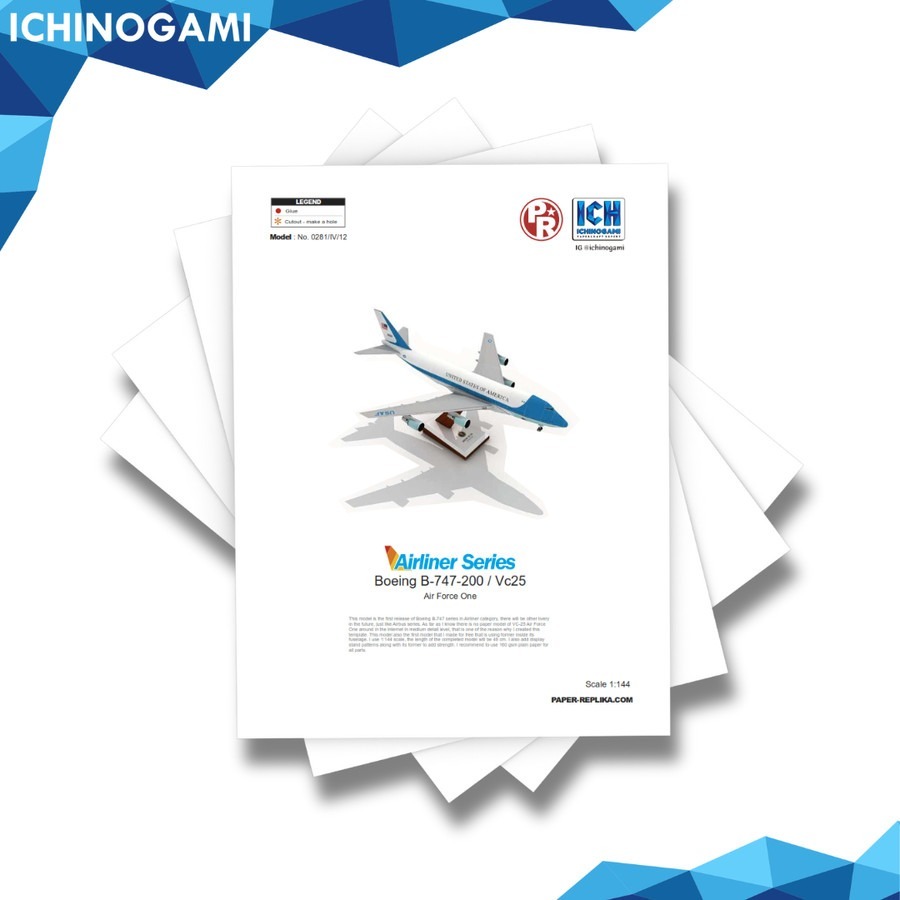 Papercraft (DIY) Boeing 747-200 Air Force One Ichinogami, isi 1 se skala 1:100
