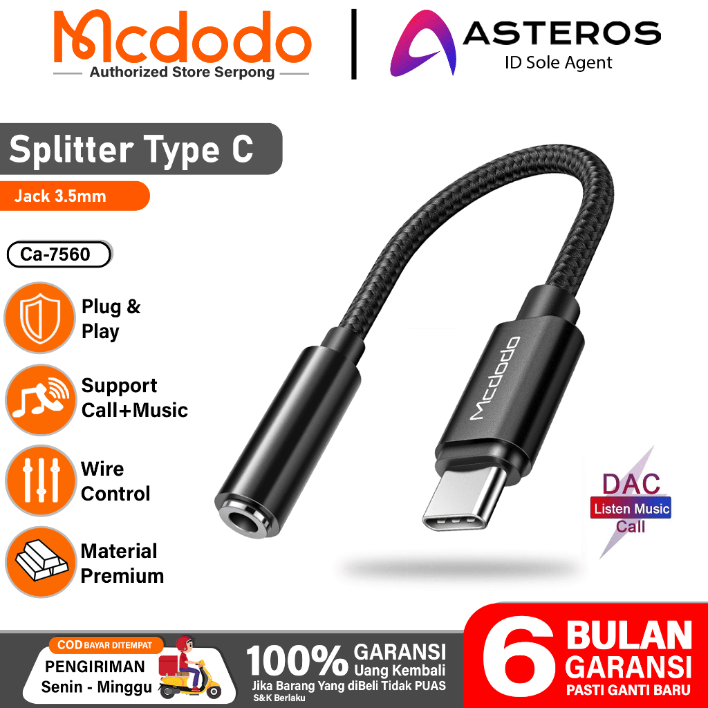 MCDODO Converter Splitter Type C to Audio Jack Audio Adapter Type C DAC Open Mic