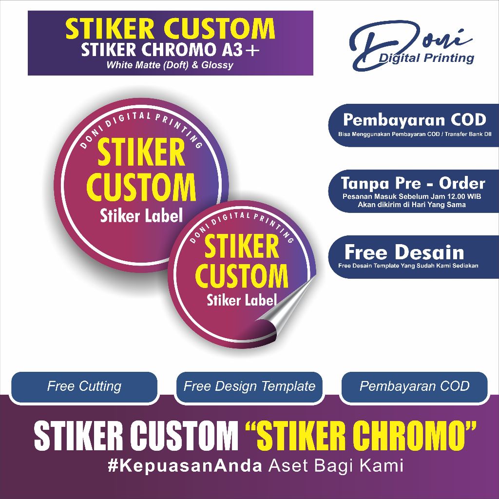 

Stiker Label produk Cetak Stiker Chromo A3+ Untuk Label Makanan dan Minuman Custom Free Cutting
