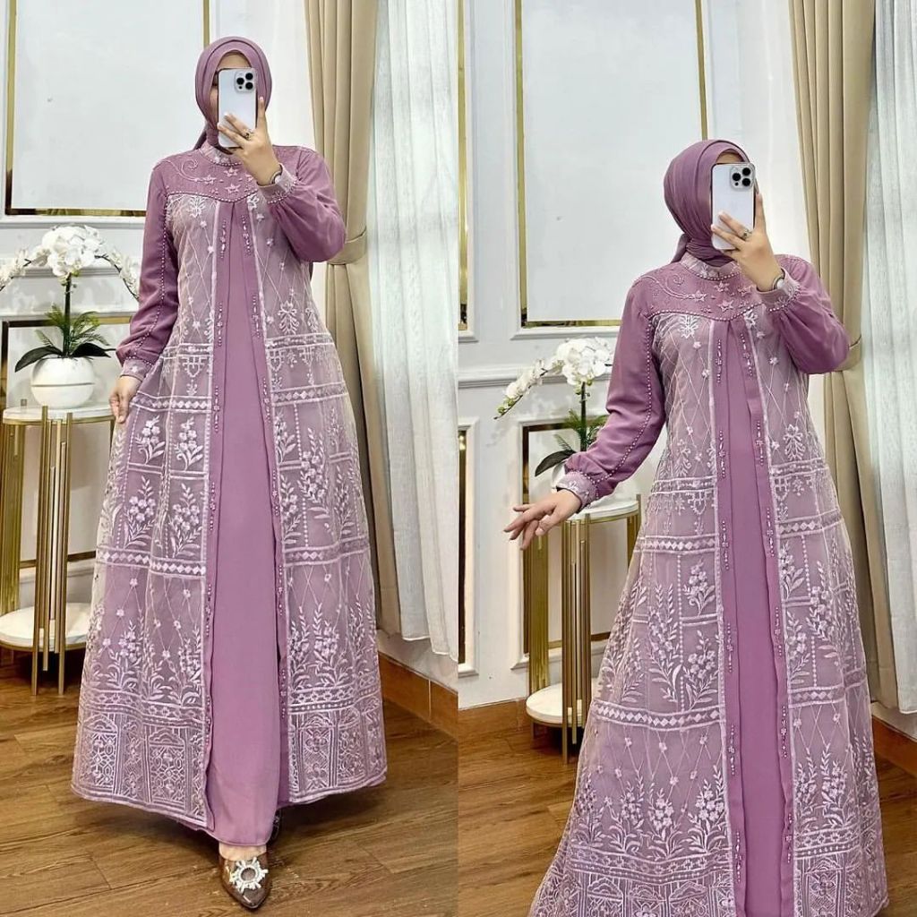 ALIYAH DRESS/Gamis Muslim Pesta Terbaru Bahan Ceruty Babydoll Mix Brukat Aplikasi Payet+Swarovski