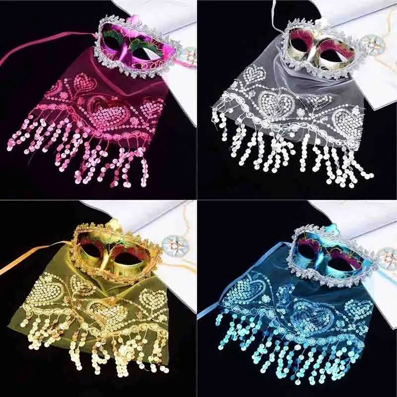 Topeng wanita pesta / Topeng wanita cantik dengan kain penutup payet renda (Veil Mask Venetian)