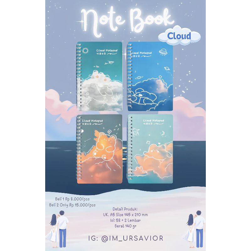 

Buku Catatan Notebook A5 Size 145 x 210 mm isi 58 + 2 lembar (CLOUD)