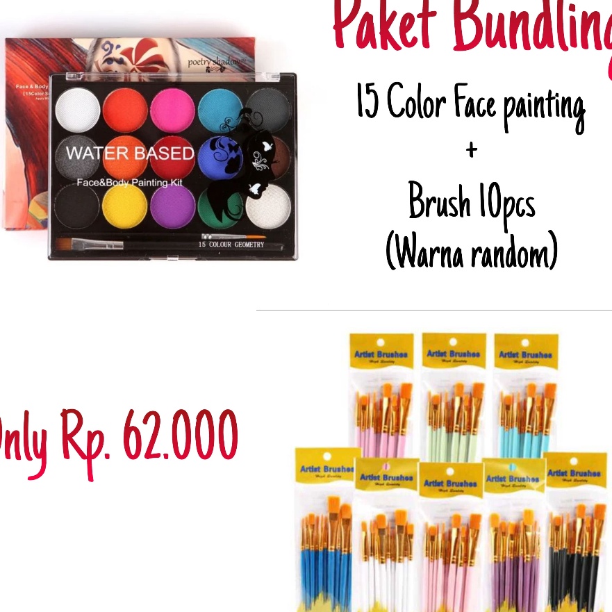 

HJ6 BUNDLING Body Face Painting 15 Warna Wateroof Paints Water Base 1 Set Kuas Lukis Cat Air Acrylic Painting Brush