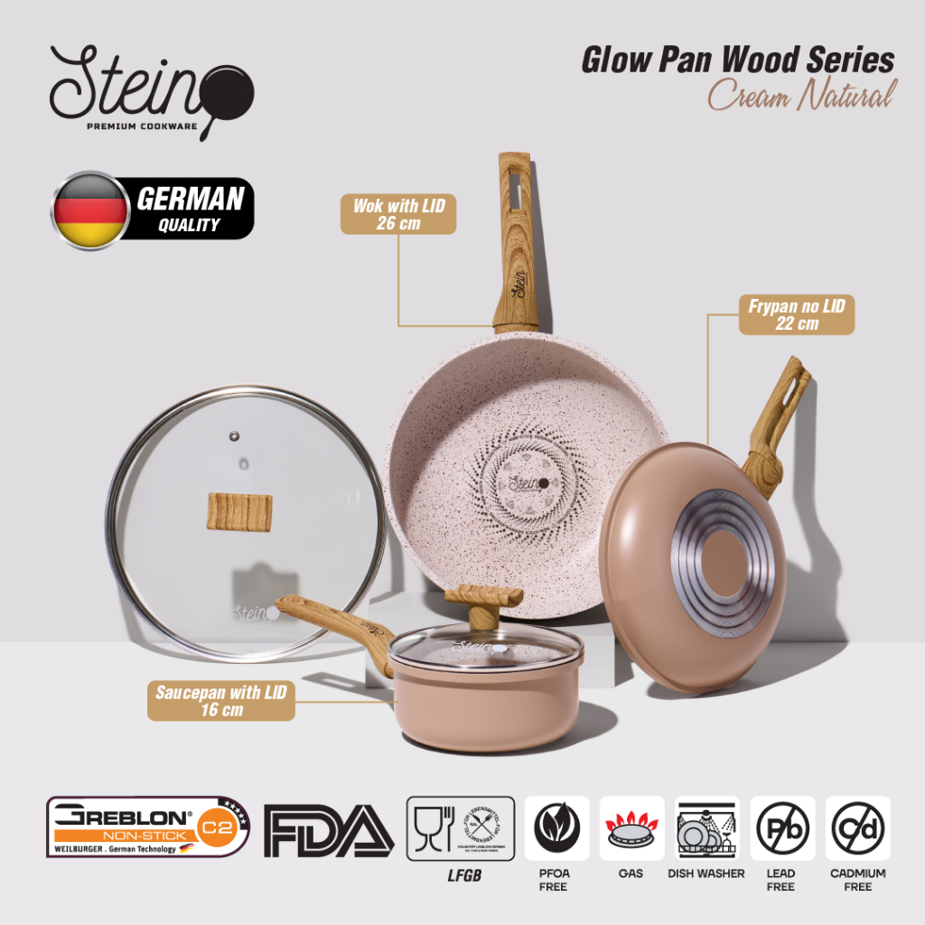 STEIN Glowpan Set 5in1 Wood Handle - Panci Set Lapisan Marbel