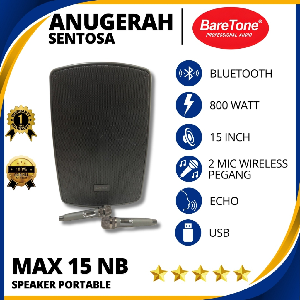 Speaker Aktif Portable Wireless Bluetooth Baretone 15 NB Ukuran 15 Inch Original
