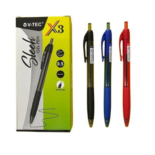 

PULPEN 1 PACK V-TEC BALLPOINT SLEEK X3 BOLPOIN GEL 0,5MM TINTA HITAM BIRU ISI 12PCS