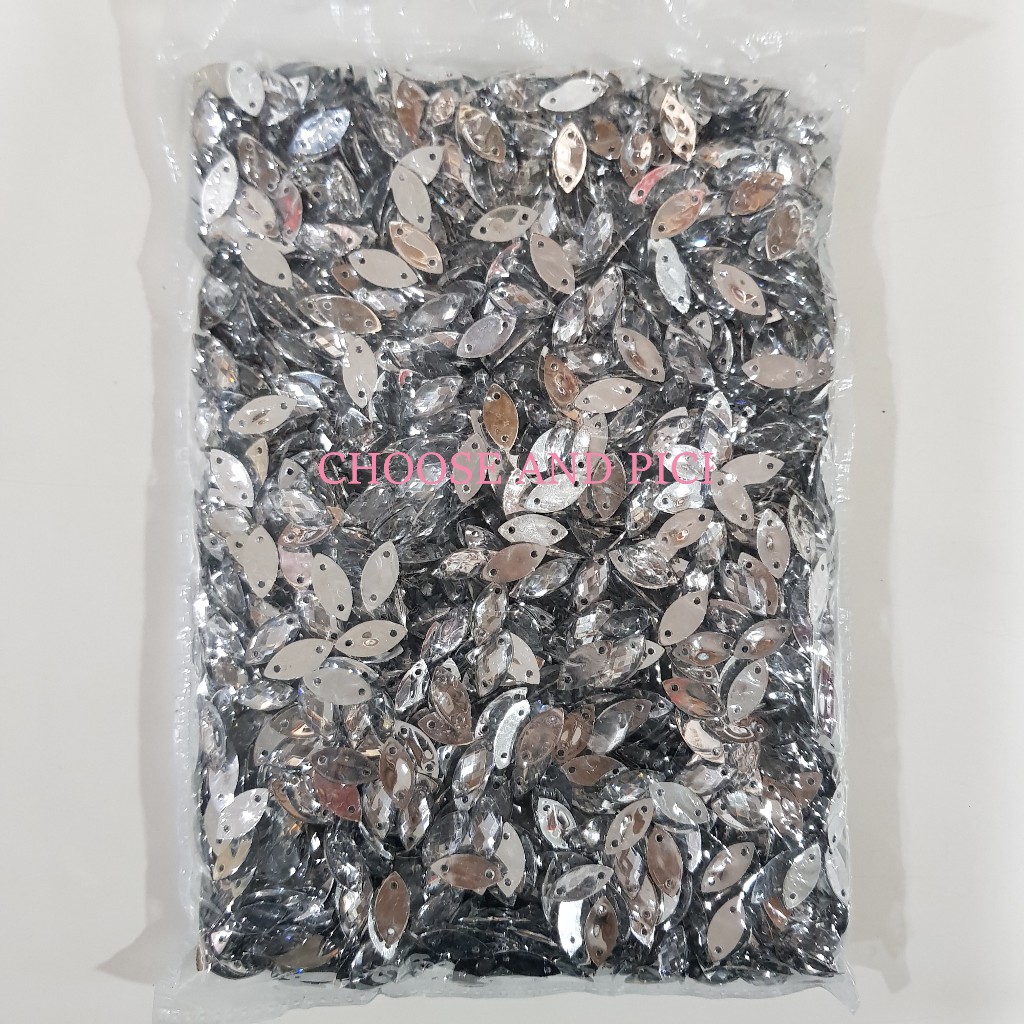 Payet Daun 7x15mm Isi 2000pcs / Mote Sipit Diamond Tempel / Payet Daun Permata Silver Mata Lancip / 