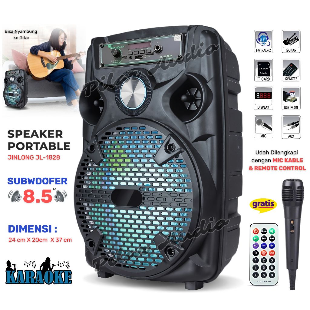 Speaker Bluetooth Jinlong JL-1828 JAGUNG LED 8,5 Inch Gratis Mic Kabel + Remote - Speaker Karaoke Fu