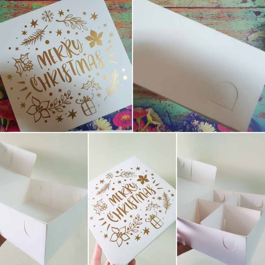 

1 Pack Isi 5 Pcs Dus Parcel Natal Minichiffon Sekat 4 Putih Box Motif Christmas Ukuran 20x20x8 cm