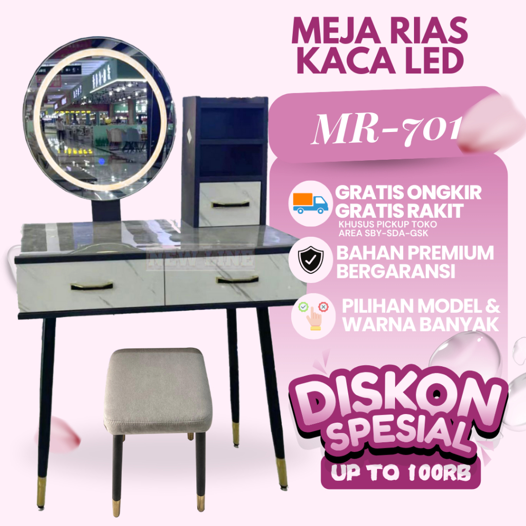 Meja Rias MR-701, Meja Rias Cermin LED Touch screen, Meja Rias Besi Mewah Free Packing Kayu