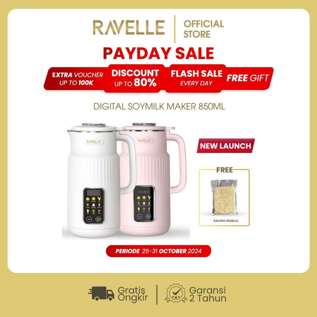 RAVELLE Digital Soymilk Maker 850ml 9 in 1 - Mesin Multifungsi Pembuat Susu Kacang Kedelai tanpa Dis