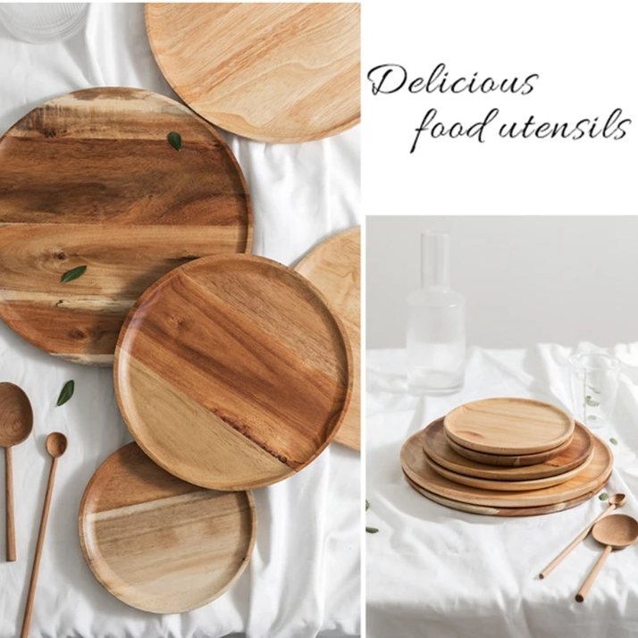 Piring Kayu Aesthetic / Piring Kayu Bulat / Piring Kayu Set / Piring Makan Kayu