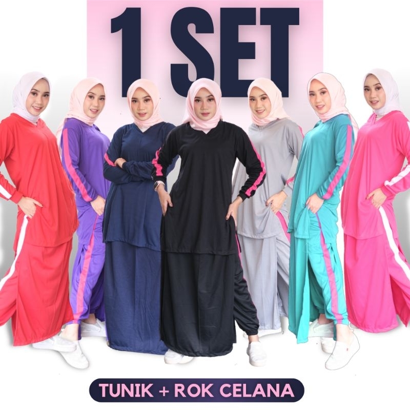 Setelan Olahraga Muslimah Jumbo Baju Wanita Muslim Syari Set Rok Celana Training Pakaian Rocella