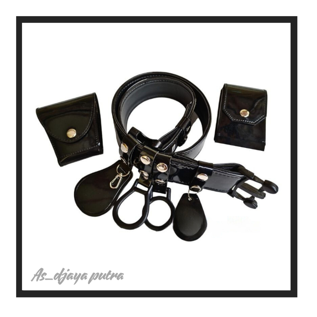 Kopel satpam sabuk security gesper klik hitam kilap lengkap sarung magazen tunggal polos