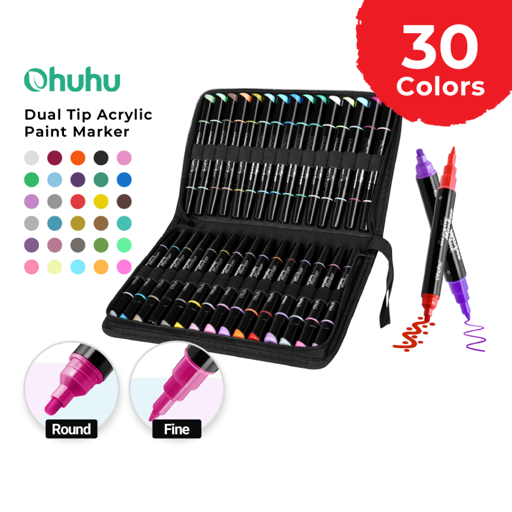 

OHUHU Acrylic Dual Tip 30 Colors Paint Marker Pen Round & Fine Set Spidol Warna
