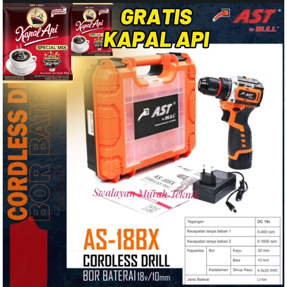 Bor Baterai Brushless AST AS18BX by BULL Cordless Drill 10mm 18Volt