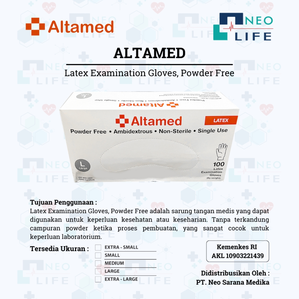 Altamed Latex Examination Gloves, Powder Free