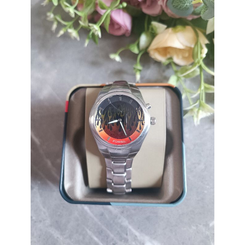 BT041 Jam Fo *ssil Flame Big Tic Stainless Steel Diameter 3,8 cm  Auth