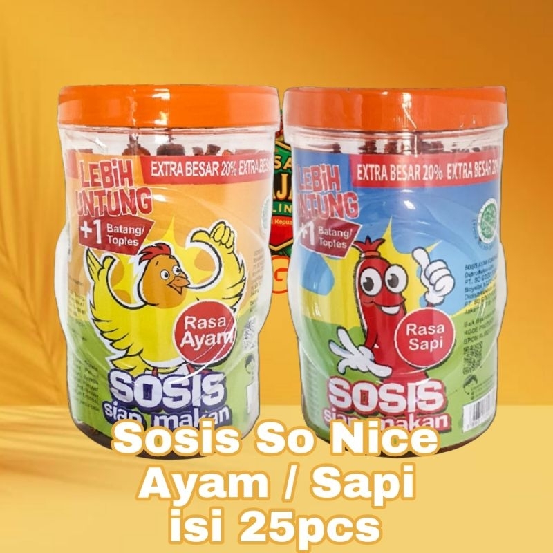 

Sosis SoNice Toples 25 pcs sosis siap makan so nice toples rasa ayam / sapi 21gr