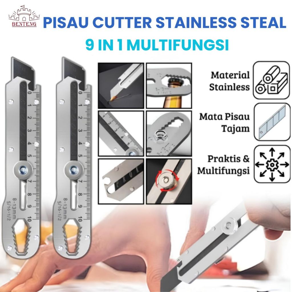 

Cutter Stainless 9 in 1 Bisa Mengukur dan Membuka Tutup Botol Cutter Tajam