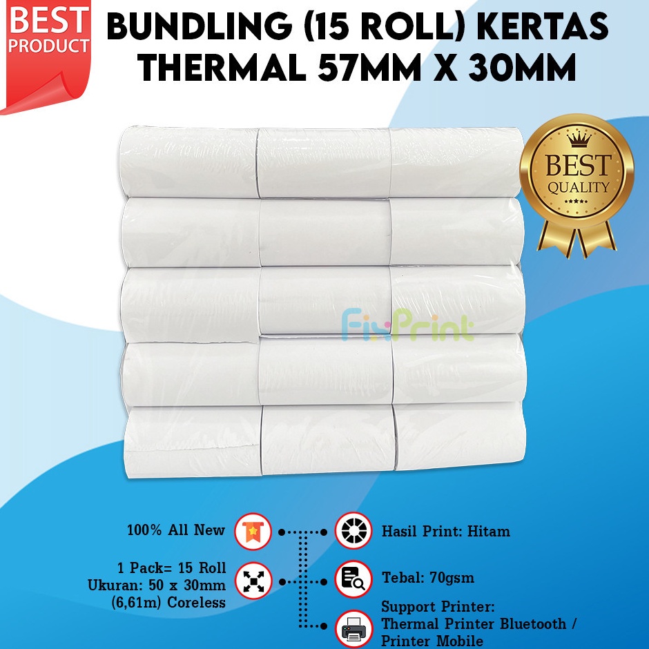 

Baru Terkini Paket 15 Roll Kertas Struk Kasir ukuran 57mm x 3mm 57 mm x 3mm Printer Thermal Iware 58mm EDC Tanpa Core Polos