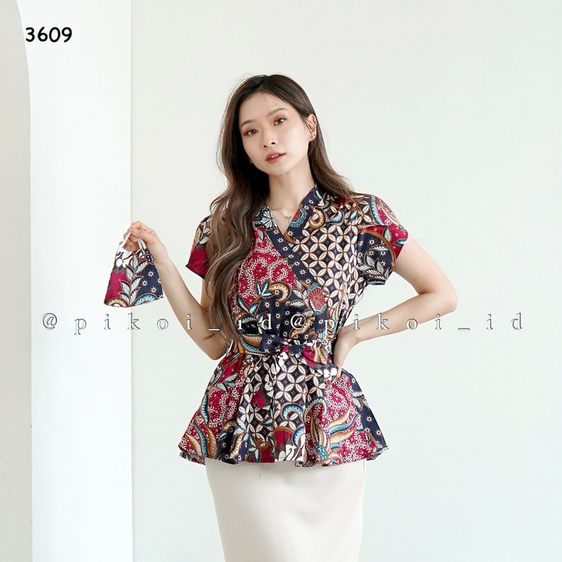 Atasan baju batik modern wanita lengan pendek / baju kimono modern seragam batik kantor kerja 3609