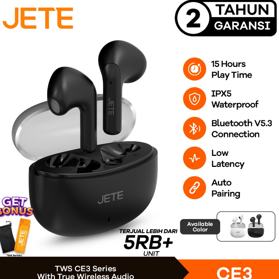 TWS JETE CE3 uetooth Version 53  Eauds Headset uetooth JETE CE3 IPX 5  Garansi 2 Tahun