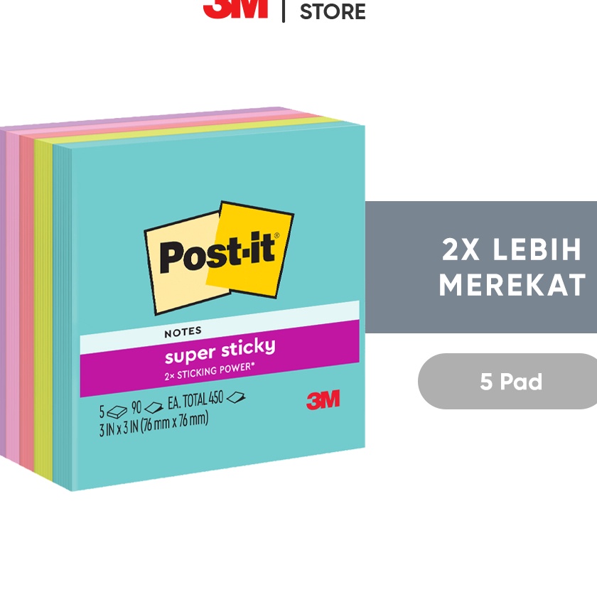 

KI3 3M Postit Sticky Notes nova Neons Memo Tempel 6545SSMIA 2x merekat 5 pad 76x76 mm Untuk berbagai permukan kes