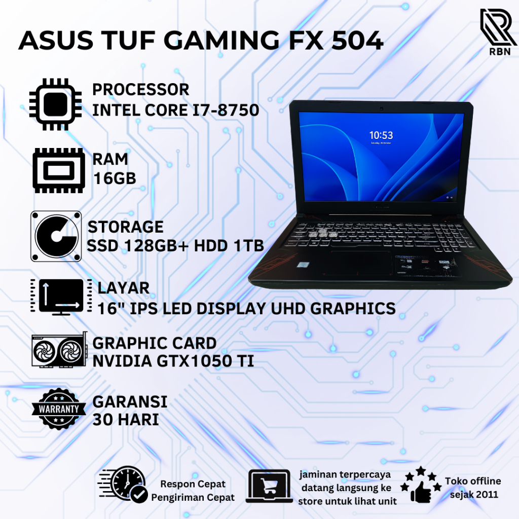 LAPTOP SECOND ASUS TUF GAMING FX 504  RAM 16GB SSD128GB + HDD 1TB GTX1050TI