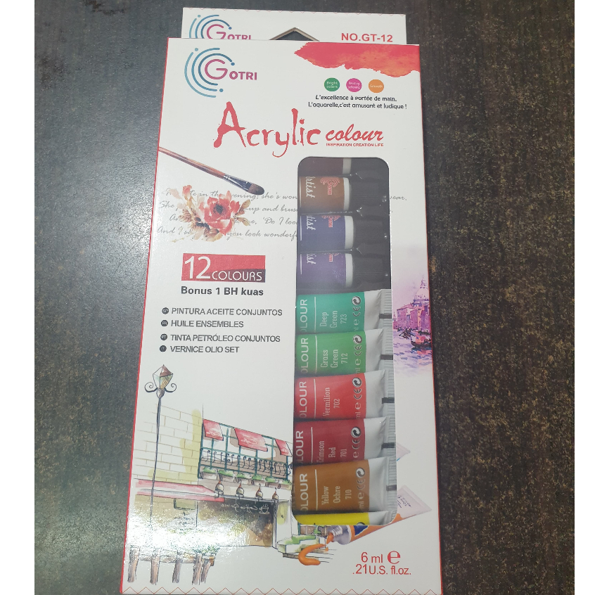 

GOTRI Acrylic 12 Warna Cat Akrilik Gotri Set Paint 6 ml Bonus 1 PC Kuas GT-12