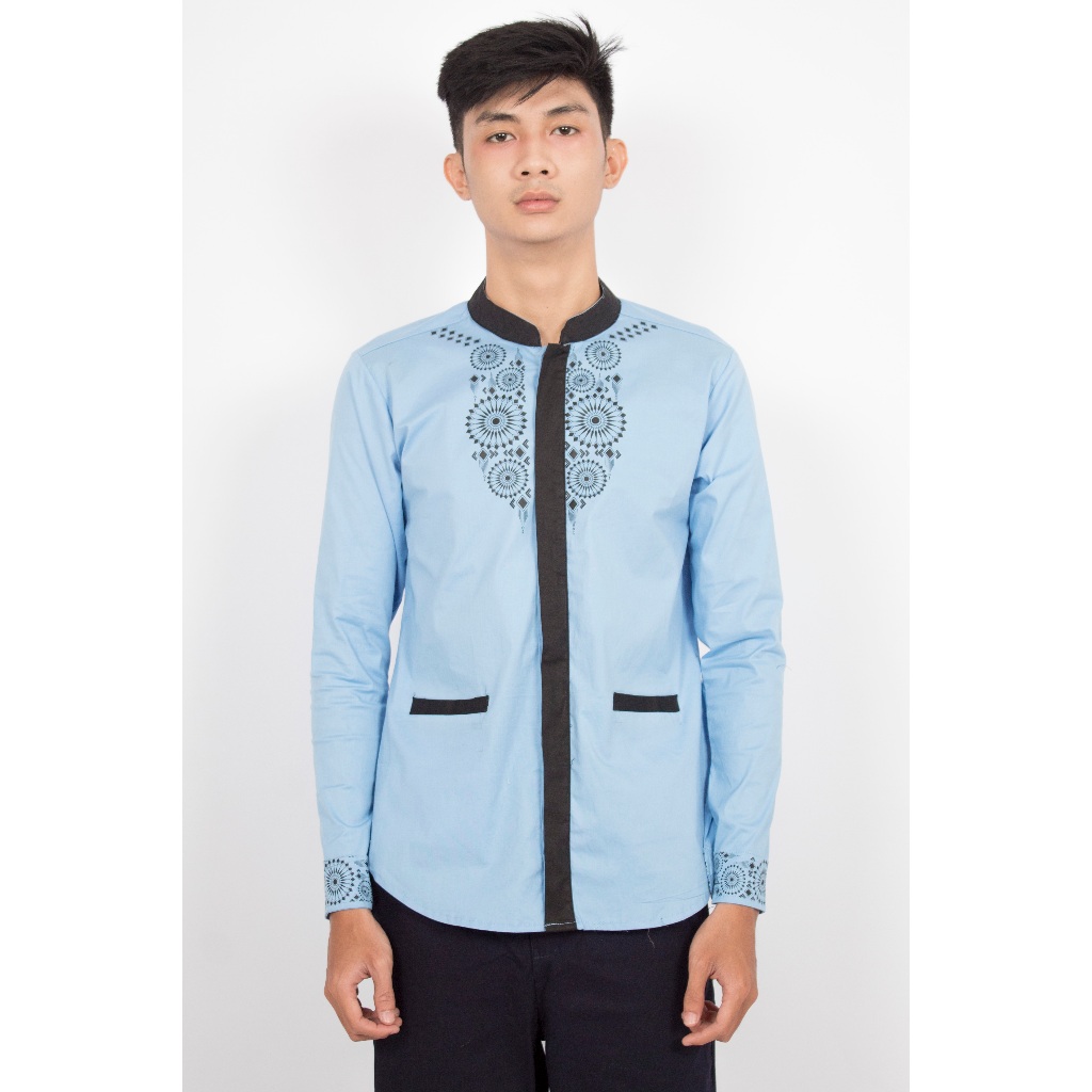 FortKlass Evan Kemeja Koko Pria Lengan Panjang Motif Sablon Baju Koko Kemeja Tangan Panjang Lebaran 