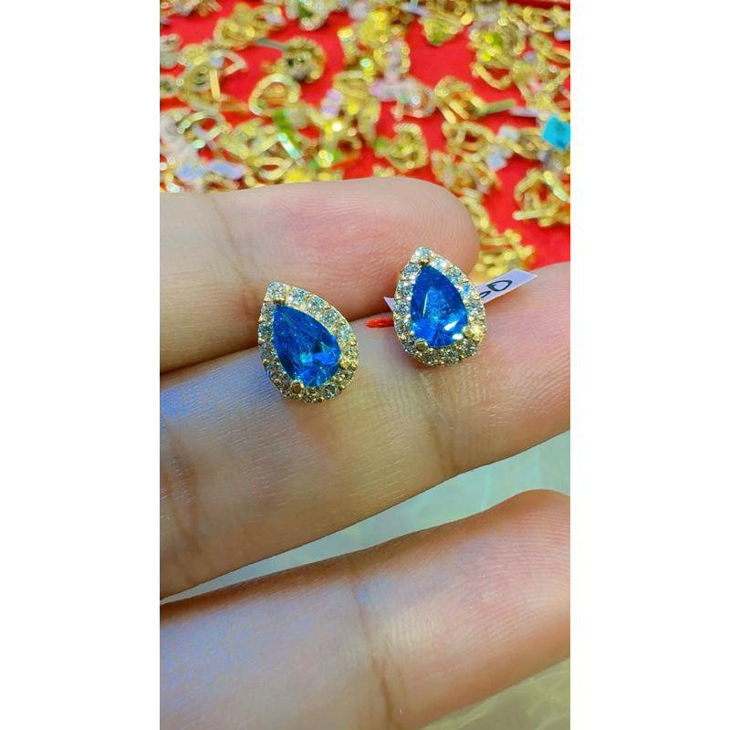 anting tusuk mata biru muda mas 8k asli