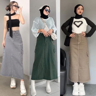 KODE A42A Rok Span Kimpul Wanita Highwaist Rok Cargo Jeans Warna Hijau Tua Light Grey