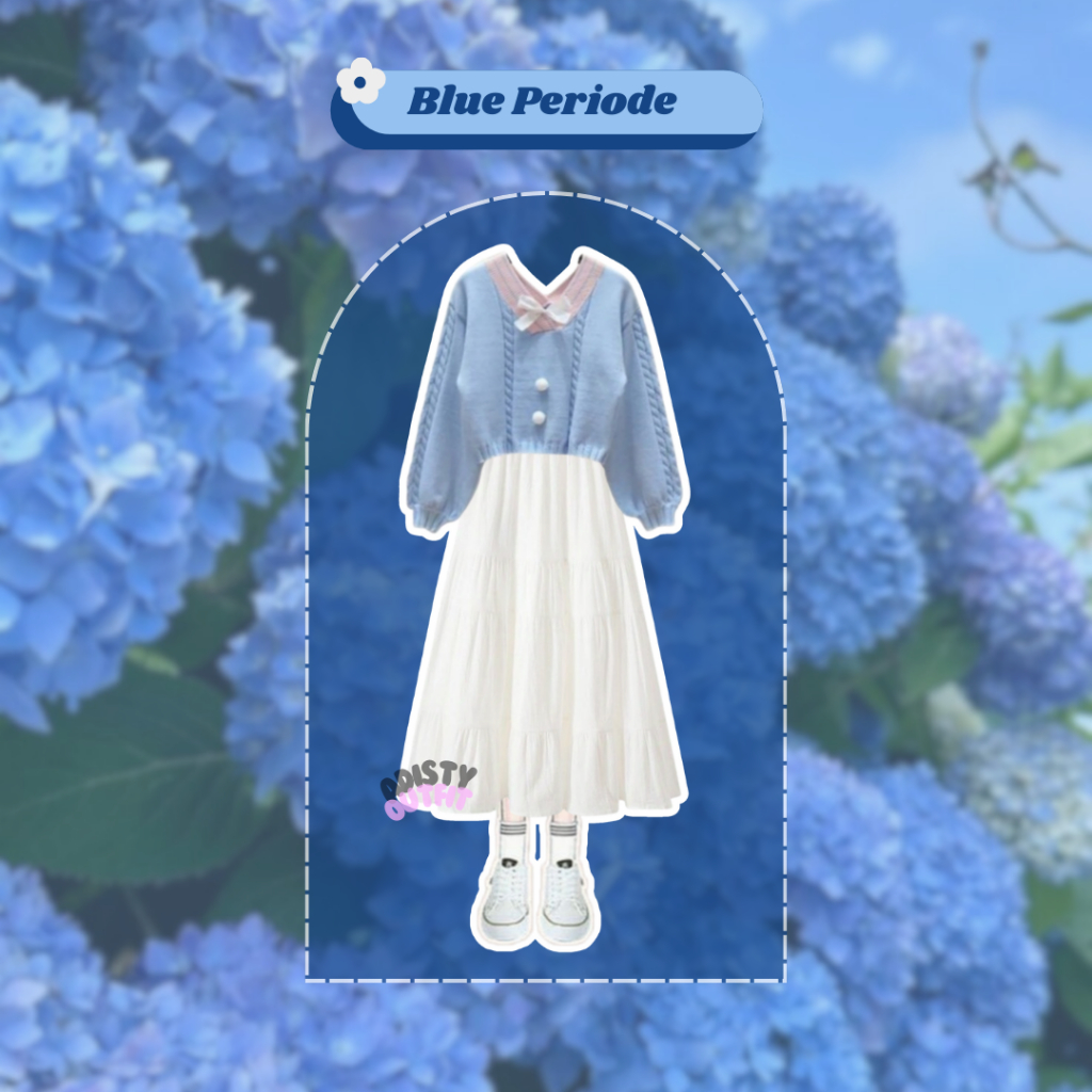Baju Set Remaja /KoreaStyle/Ulzzang Ootd/2in1/(Rok+Sweater Biru)