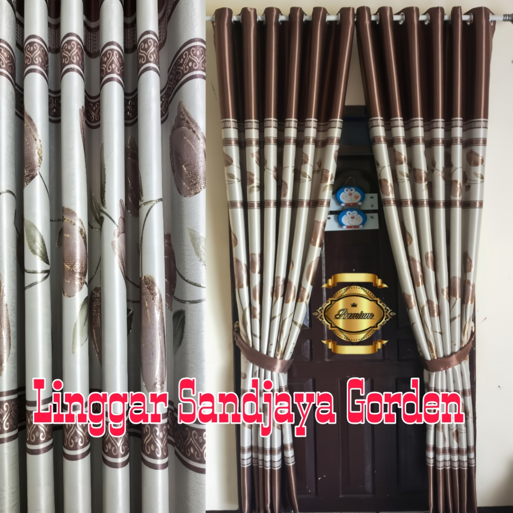 tirai pintu gorden minimalis hordeng jendela ruang tamu motif tulip print mas warna coklat tebal