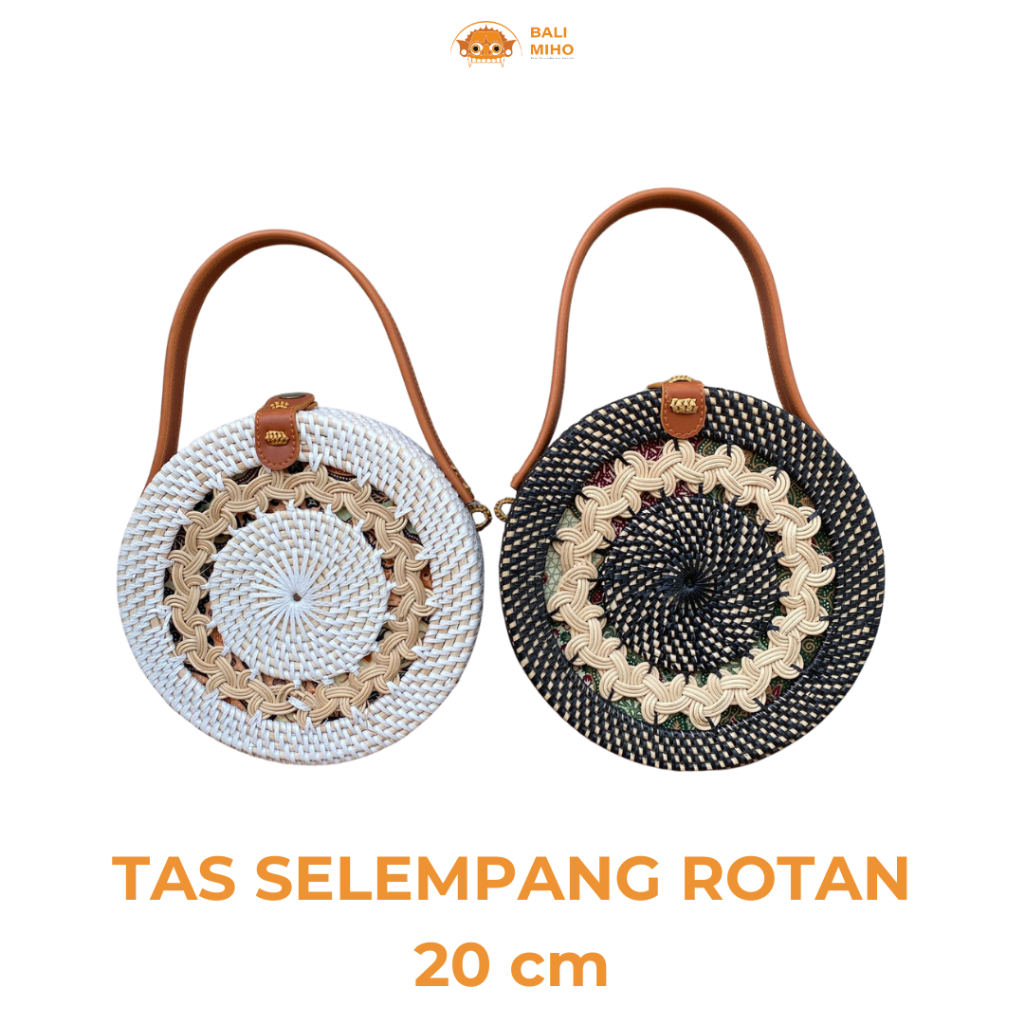 Tas Rotan Bulat Pegangan diameter 20 cm - Tas Rotan bulat - rattan bag - Tas atte Bali motif peganga