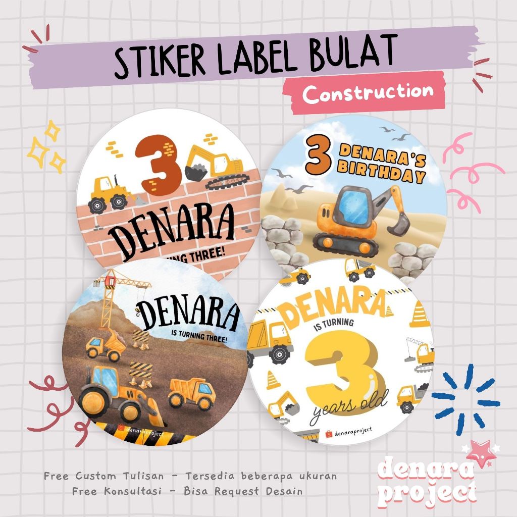 

(50 PCS) Stiker Bulat Custom Bento Hampers Ulang tahun Construction Excavator Tractor