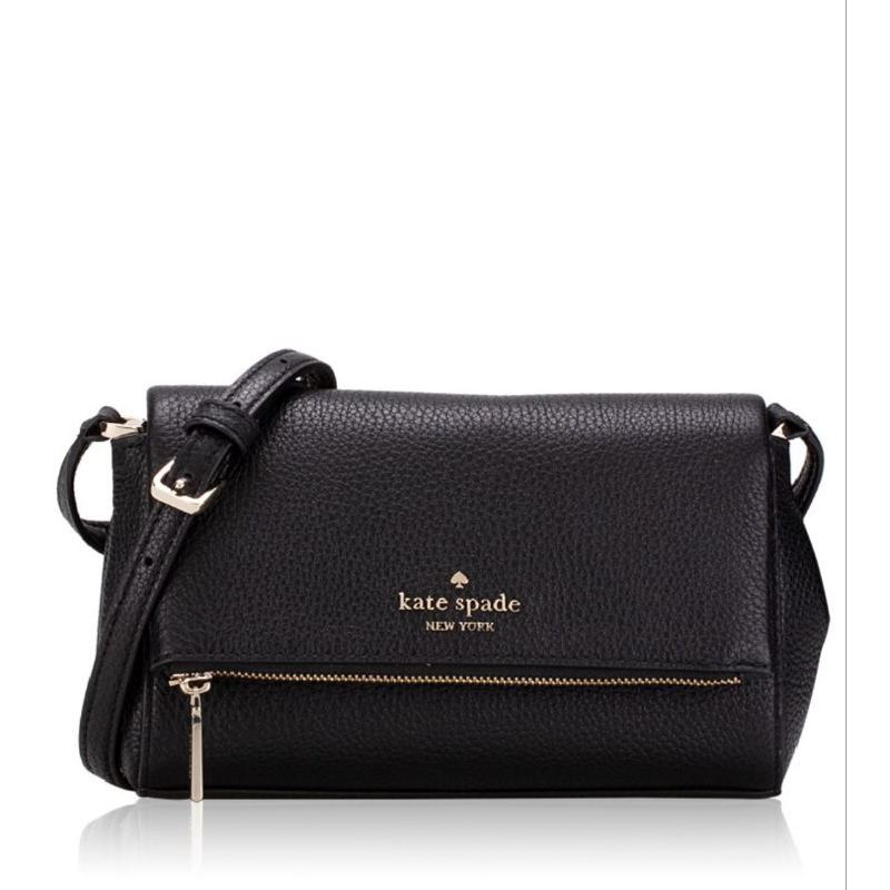 Tas Slempang Wanita Kecil Original Kate Spade Leila Mini Flap Zip Pebbled Leather Crossbody Bag Blac