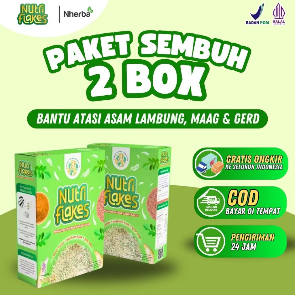 

Paket 2 Box Nutriflakes - Sereal Umbi Garut Ampuh Atasi Asam Lambung, Maag dan Gerd