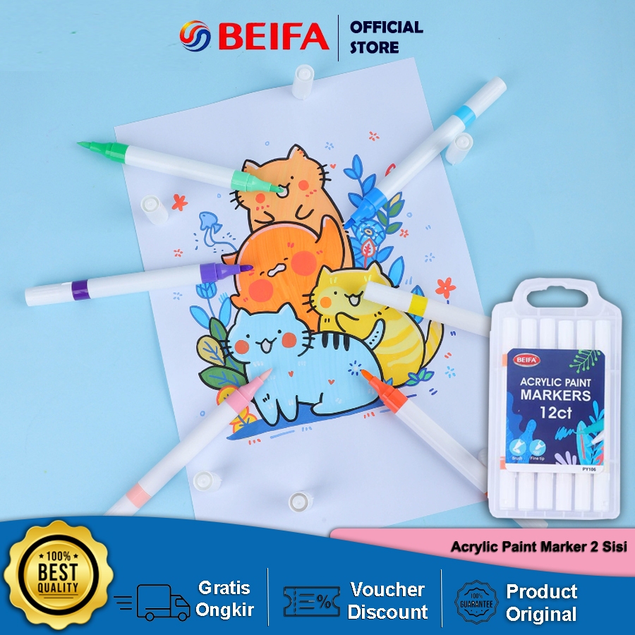 

Beifa Spidol Akrilik 12 Warna – Acrylic Marker Double Tip (Brush & Fine), Tidak Luntur, Packaging Premium