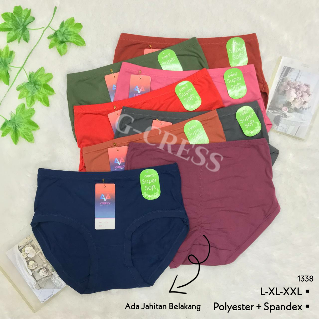 CD Wanita/Celana Dalam  OREO L, XL, XXL Sepinggang Polos Katun Spandex Lembut Adem Karet Kecil CD Ce