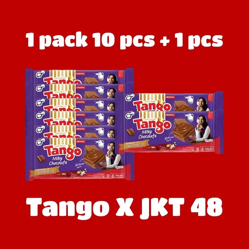 

Tango x JKT 48 1 Pack Isi 10 Bonus 1pcs Cokelat Milky Chocolate Vanila Strawberry 35gram