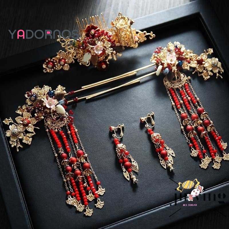 Set Tusuk Konde Cina Hiasan Rambut Pengantin untuk Hanfu