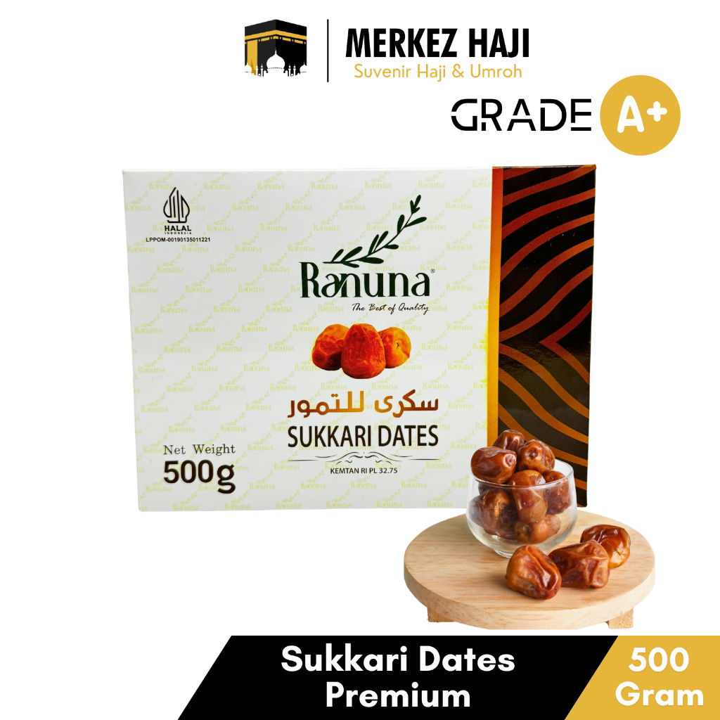 

Kurma Sukari Ranuna 500 Gram Grade A Premium | Kurma Raja Sukkari Lembut Oleh Oleh Haji dan Umroh