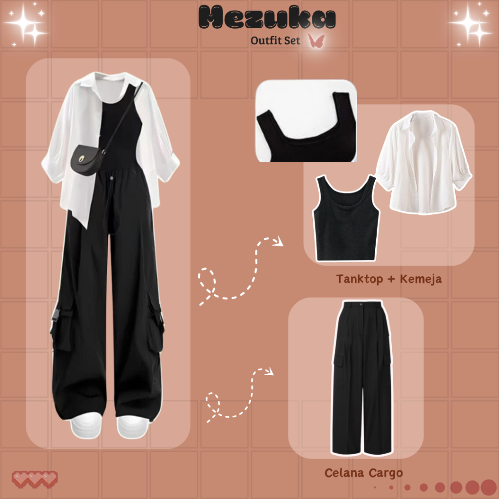Setelan Mezuka Outfit Elze Blouse Putih + Celana Cargo Hitam + Tanktop Hitam - Baju, Panjang