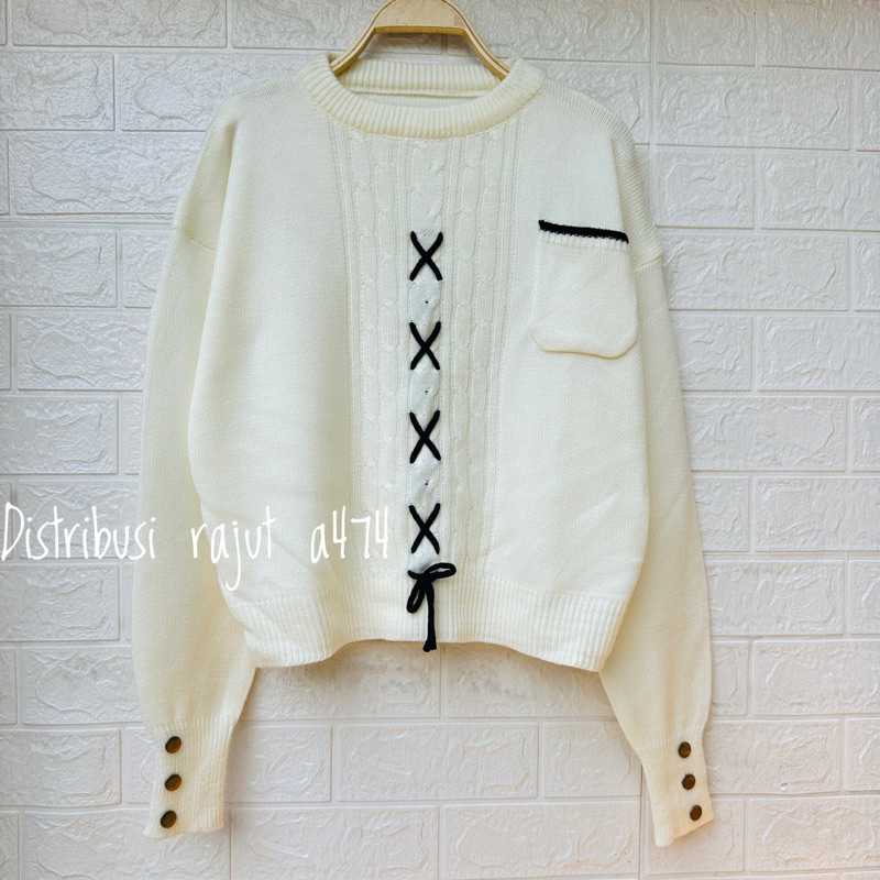 JAMEELA BAJU ATASAN SWEATER RAJUT MOTIF TALI DEPAN SAKU WANITA LENGAN KANCING KOREAN STAYLE