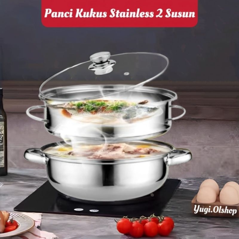 PANCI KUKUS 2 SUSUN TUTUP KACA/STEAMER 2 SUSUN/DANGDANG KUKUSAN/LANGSENG KUKUSAN